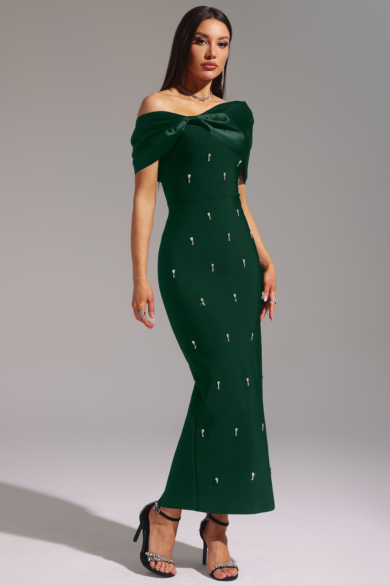 Palez Sleeveless One Shoulder Diamond Bow Bandage Maxi Dress