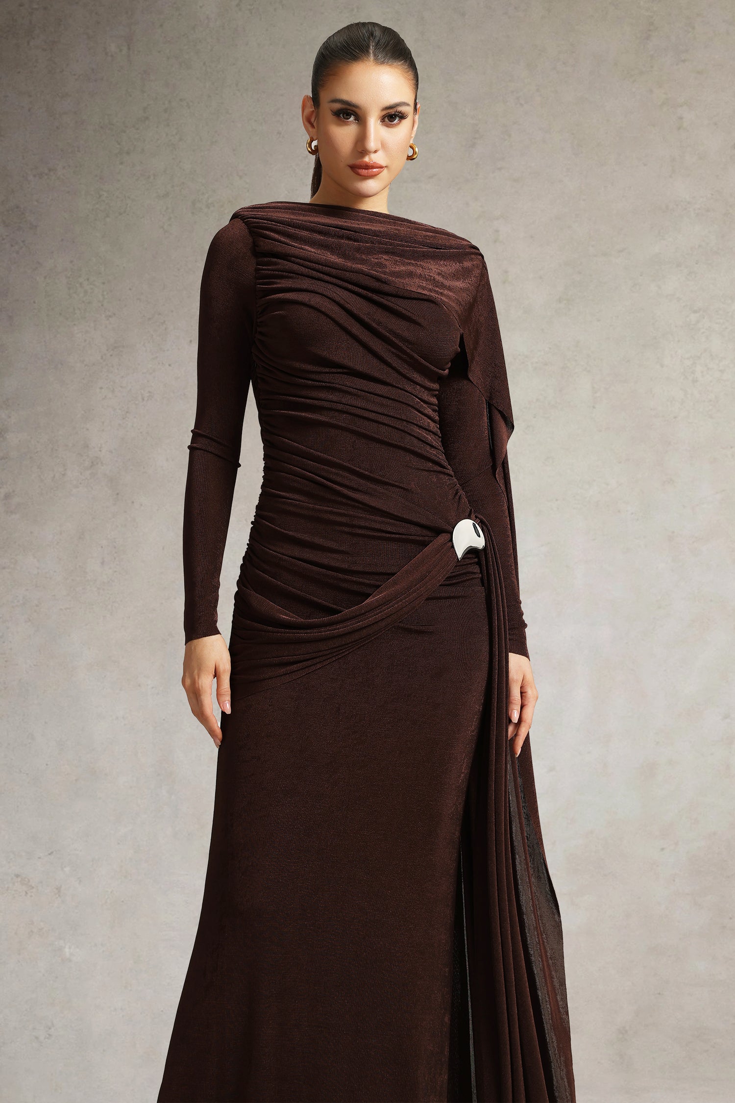 Tihila Long Sleeve Ruched Brown Maxi Dress
