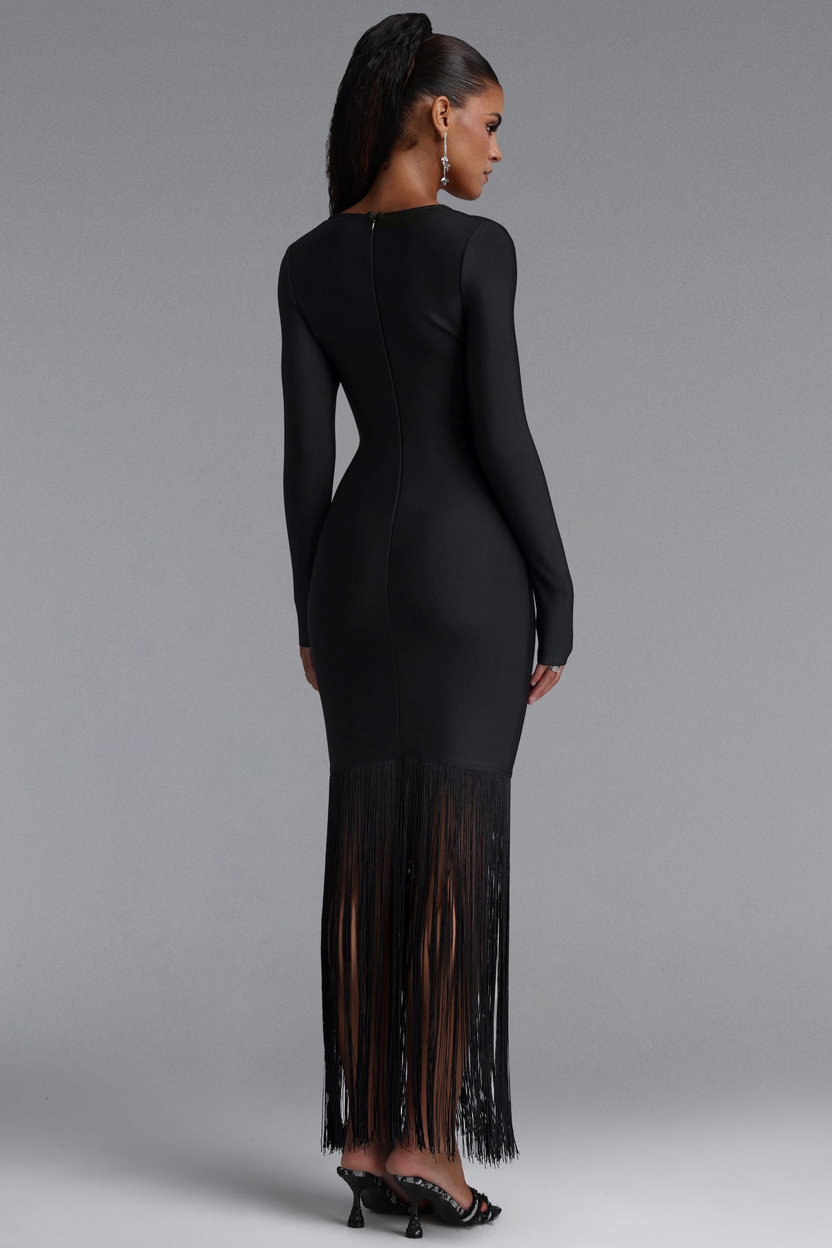 Erina Vintage Square Neck Long Sleeve Tassel Bandage Black Maxi Dress