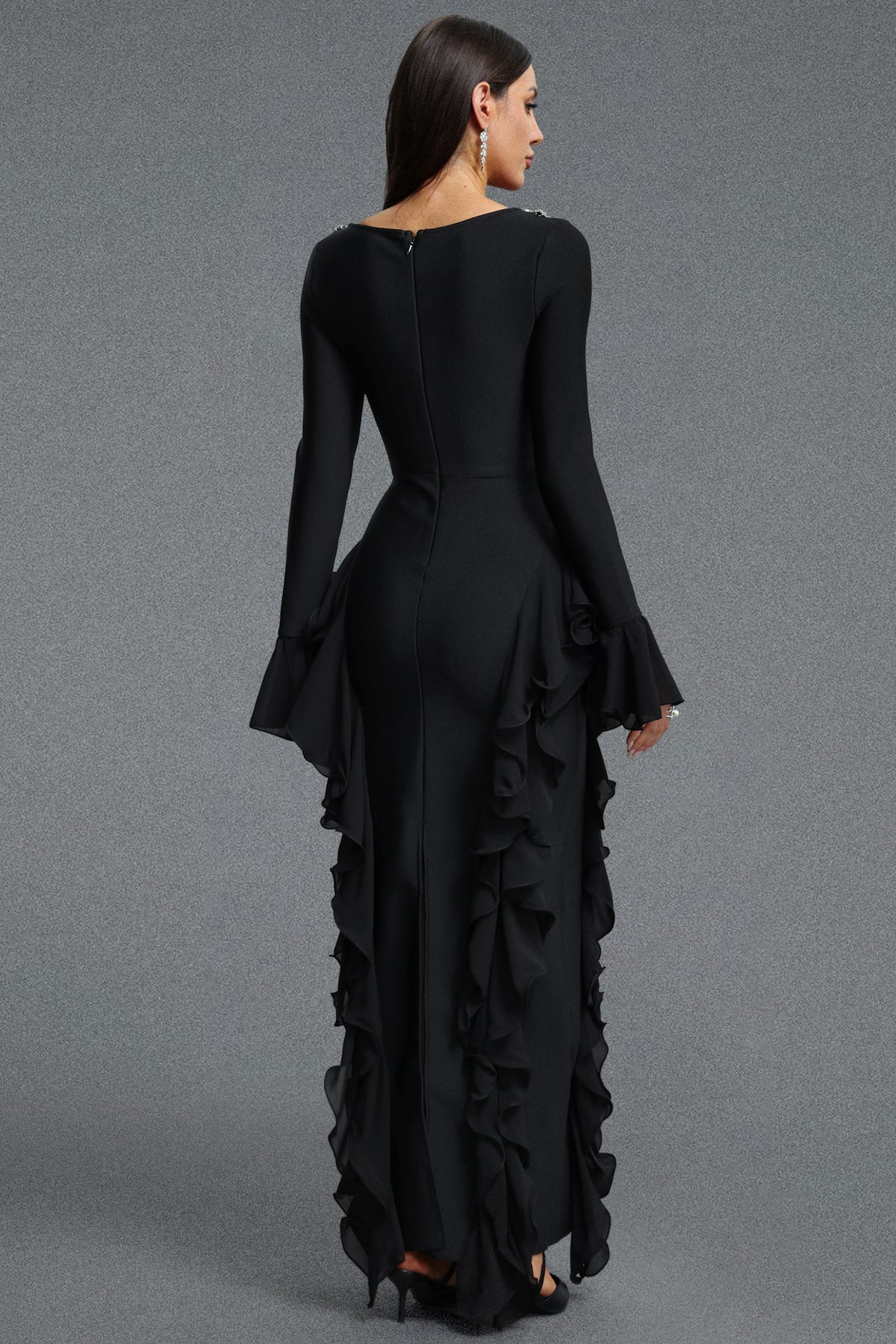 Mavis Elegant Luxurious Square Neck Long Sleeve Rhinestone Embellished Ruffle Bandage Maxi Dress