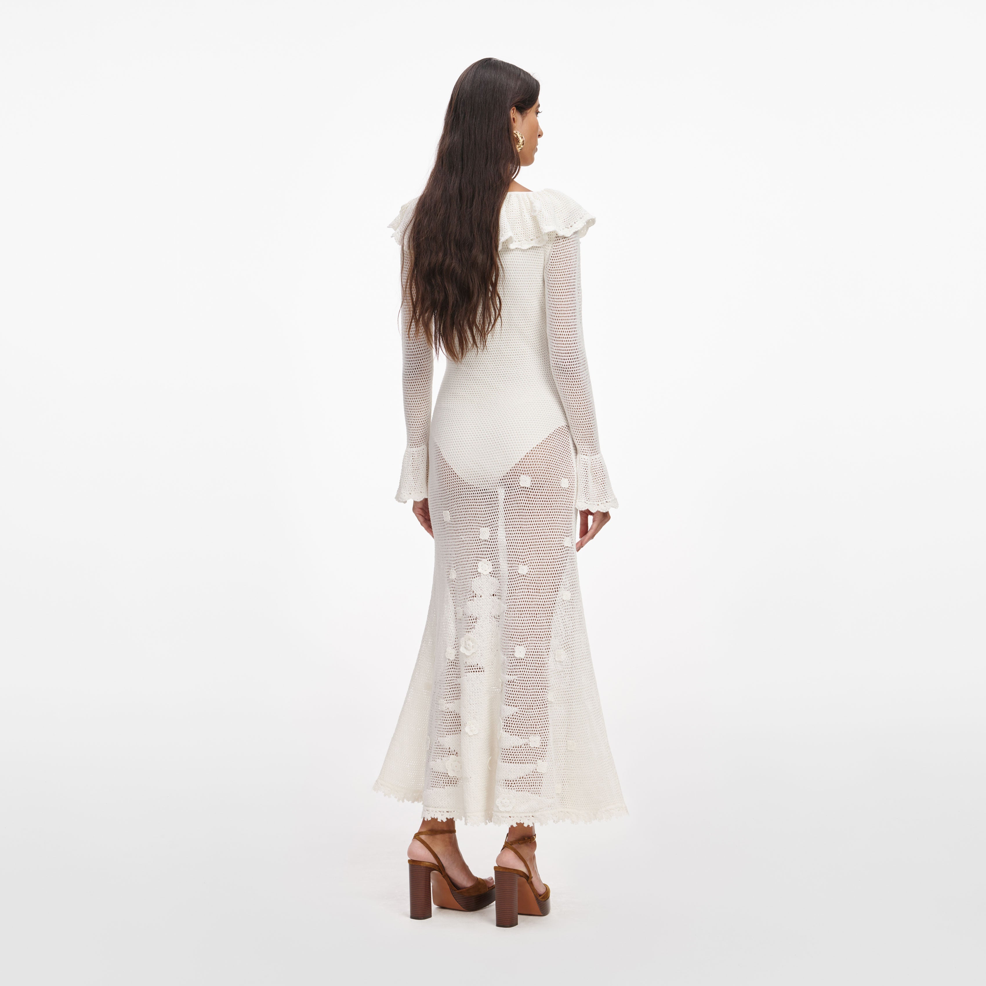 Back view of a woman wearing the White Floral Crochet Midi Dress