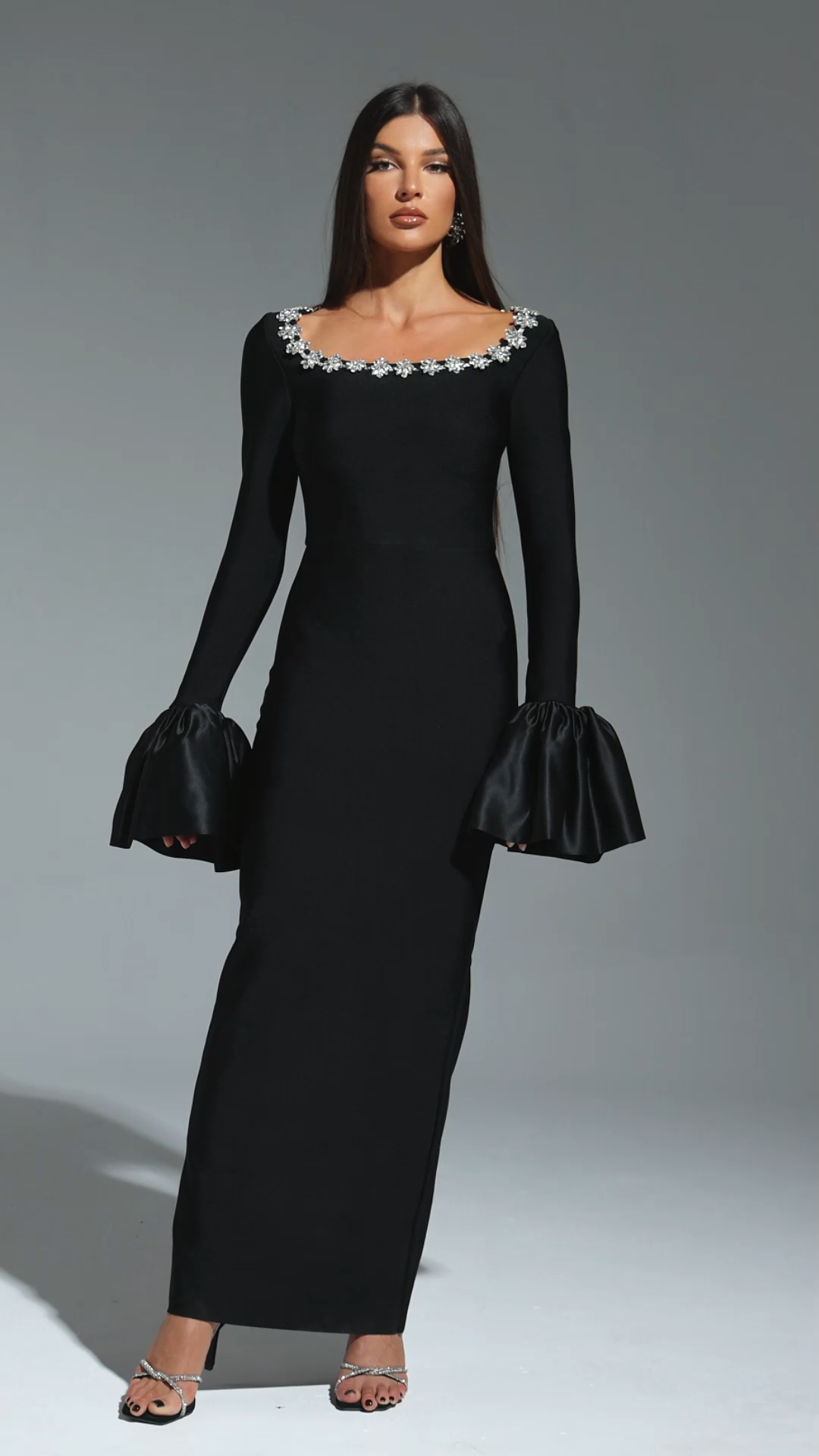 Rury Trumpet Sleeve Diamond Bandage Maxi Dress