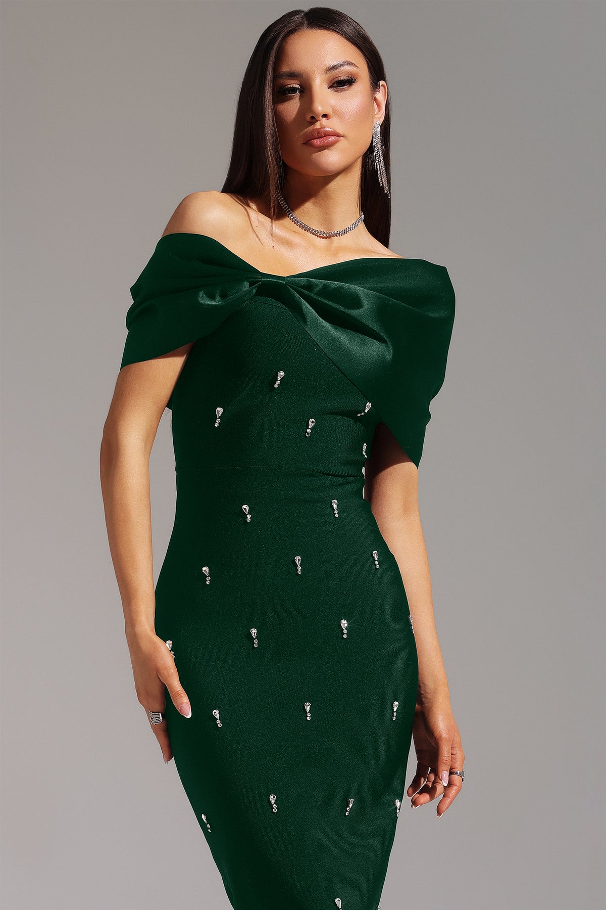 Palez Sleeveless One Shoulder Diamond Bow Bandage Maxi Dress
