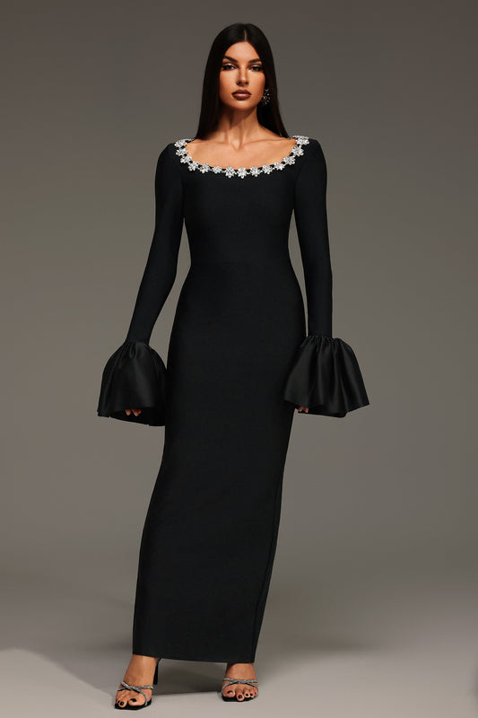 Rury Trumpet Sleeve Diamond Bandage Maxi Dress