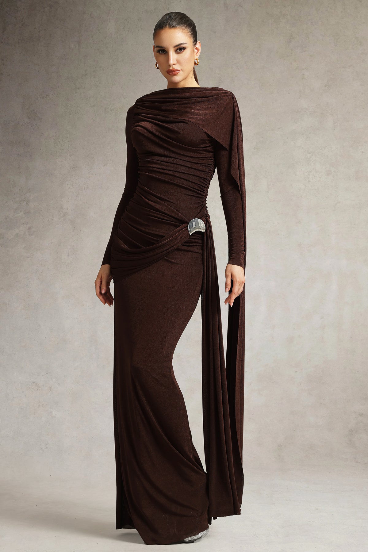 Tihila Long Sleeve Ruched Brown Maxi Dress