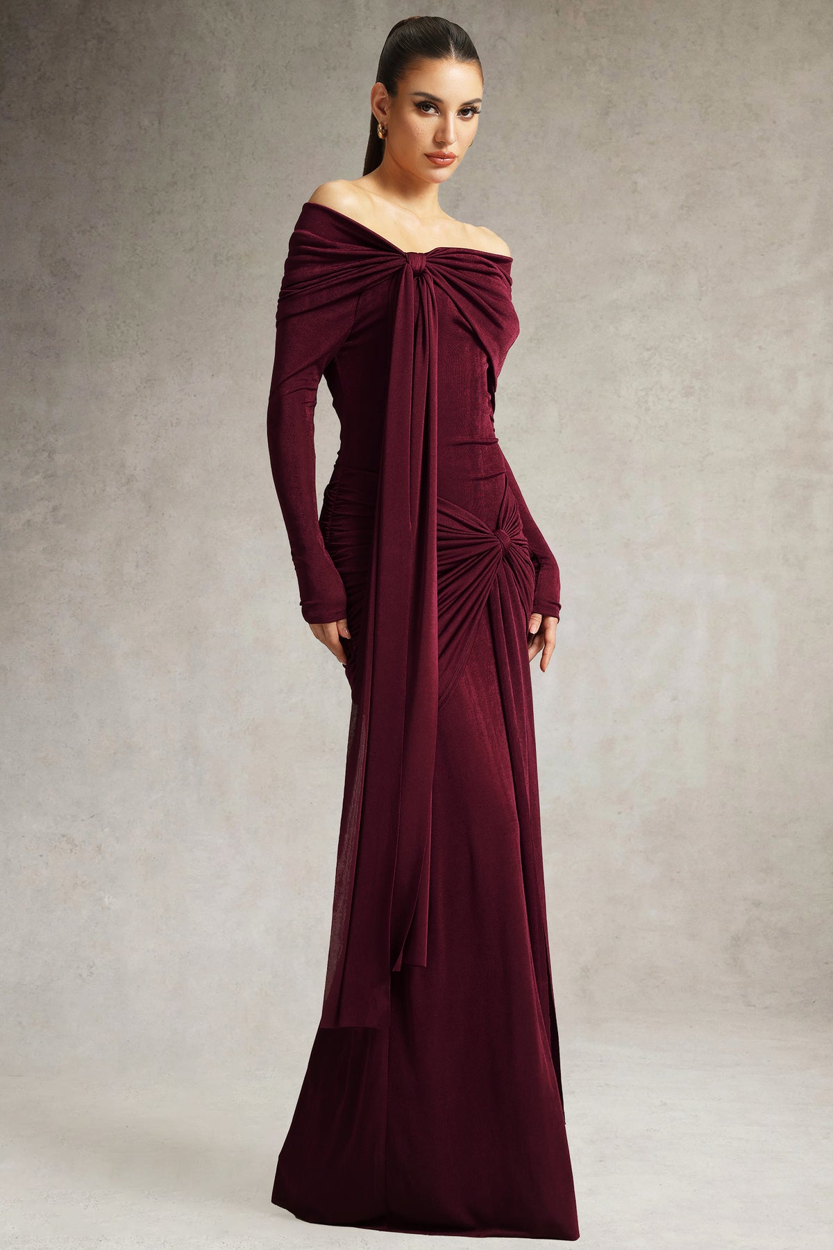 Jillian Off Shoulder Long Sleeve Ruched Red Maxi Dress