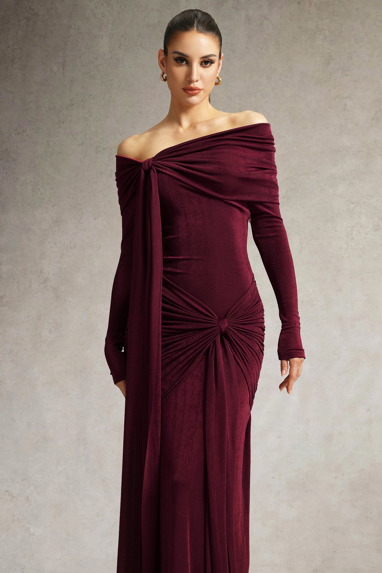 Jillian Off Shoulder Long Sleeve Ruched Red Maxi Dress