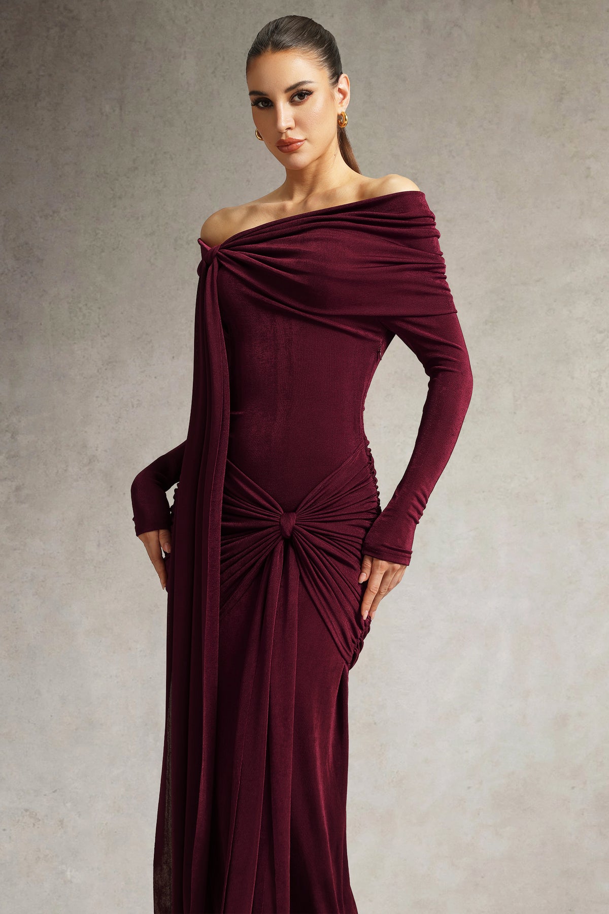 Jillian Off Shoulder Long Sleeve Ruched Red Maxi Dress