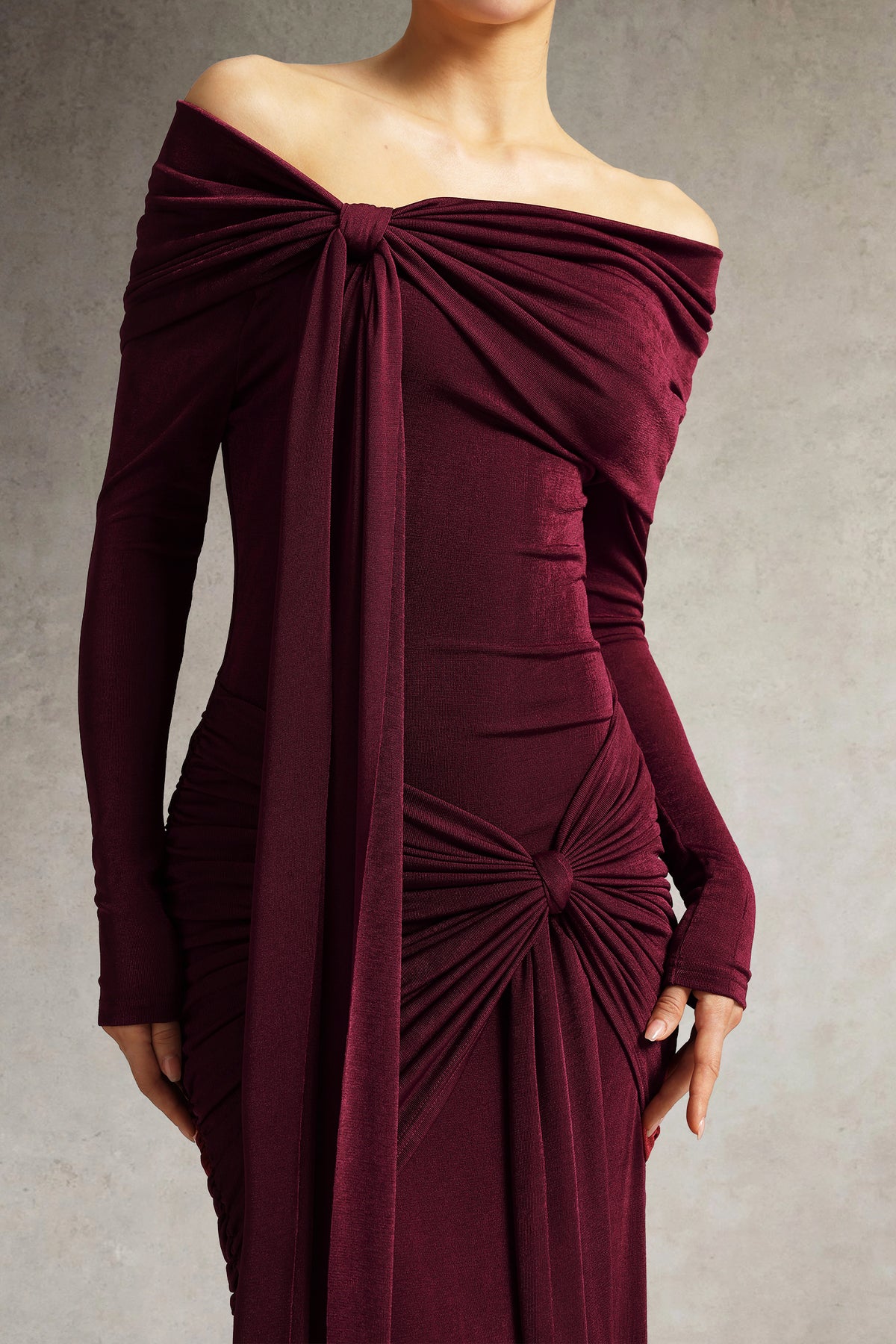 Jillian Off Shoulder Long Sleeve Ruched Red Maxi Dress