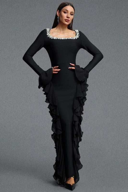 Mavis Elegant Luxurious Square Neck Long Sleeve Rhinestone Embellished Ruffle Bandage Maxi Dress