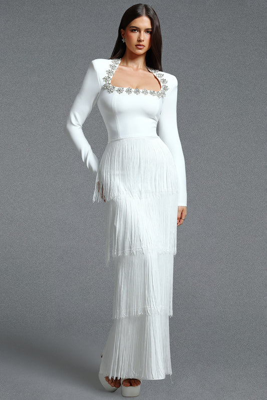 Holisa Fitted Square Neck Long Sleeve Floral Rhinestone Multi Layer Tassel Bandage Maxi Dress