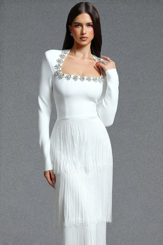 Holisa Fitted Square Neck Long Sleeve Floral Rhinestone Multi Layer Tassel Bandage Maxi Dress