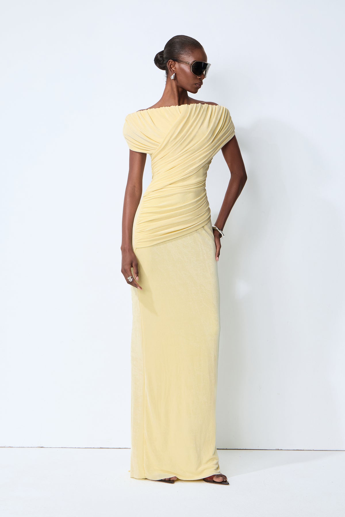 Made to Shine Yellow Off Shoulder Ruched Maxi Dress