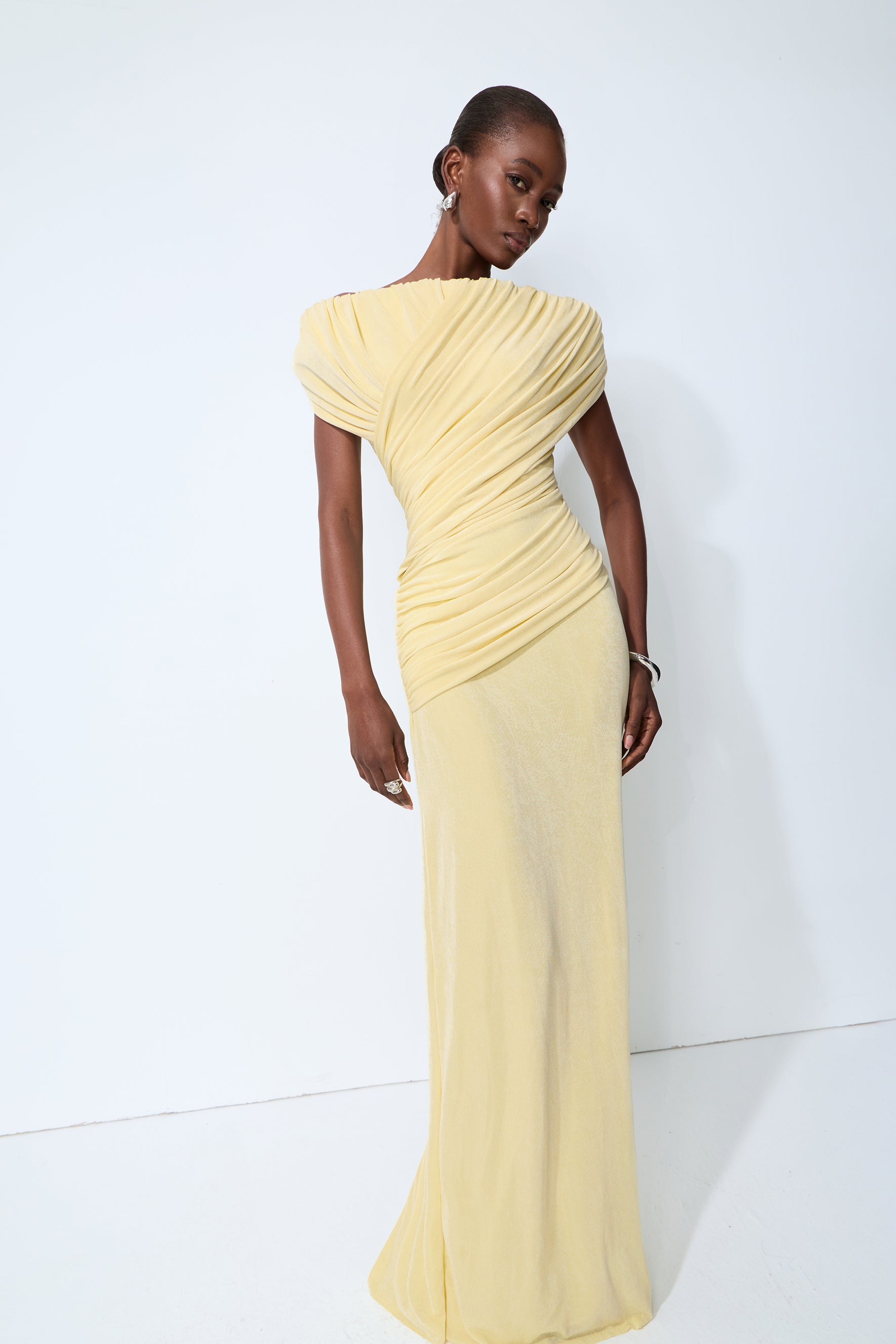 Made to Shine Yellow Off Shoulder Ruched Maxi Dress