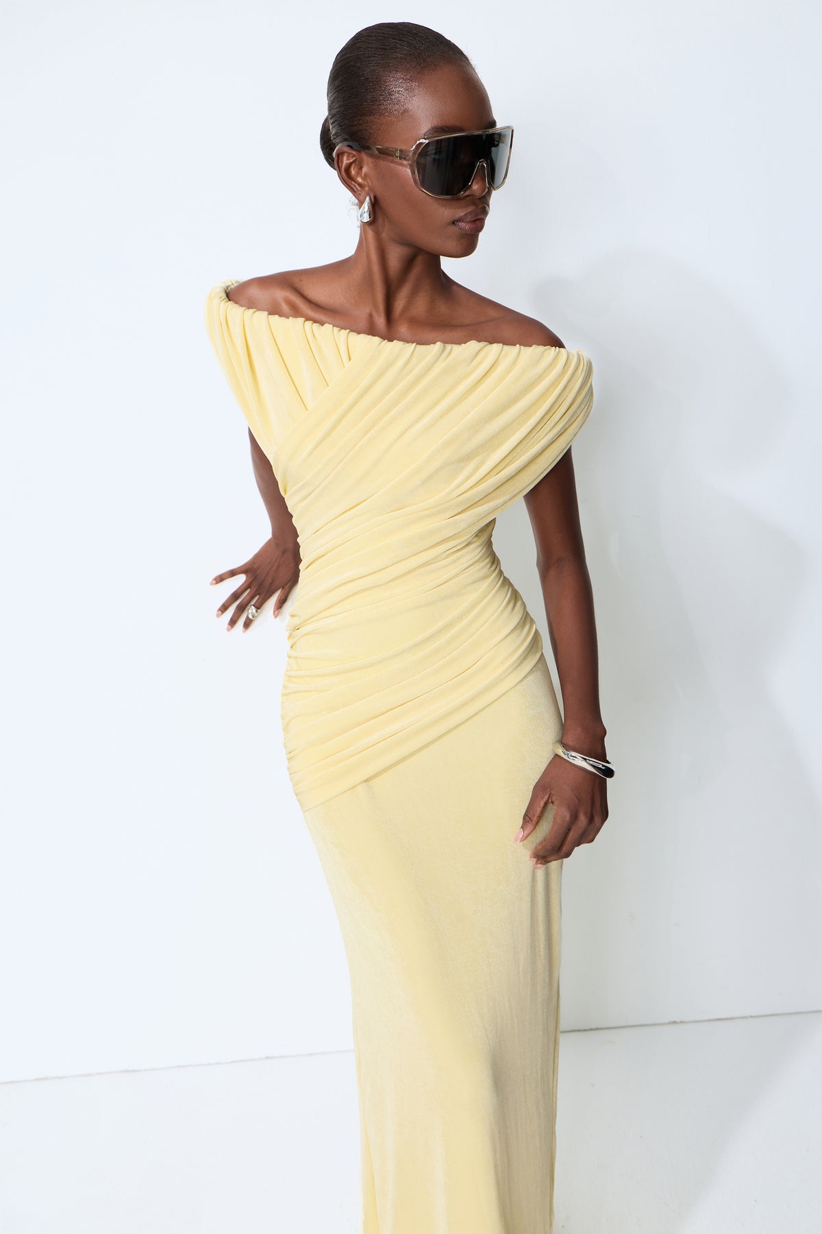Made to Shine Yellow Off Shoulder Ruched Maxi Dress