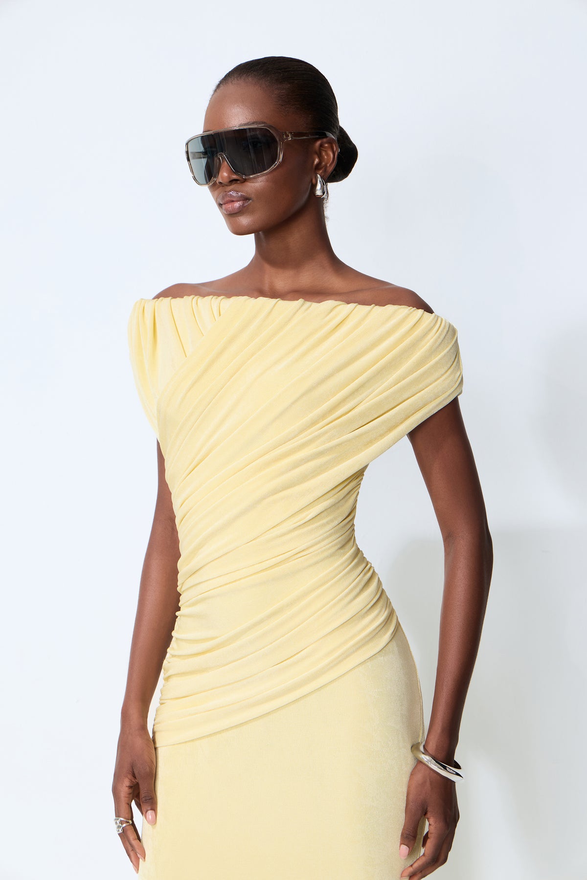 Made to Shine Yellow Off Shoulder Ruched Maxi Dress
